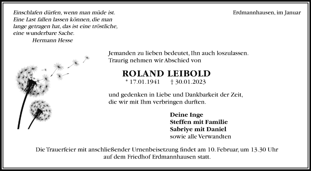  Traueranzeige für Roland Leibold vom 06.02.2023 aus Marbacher Zeitung