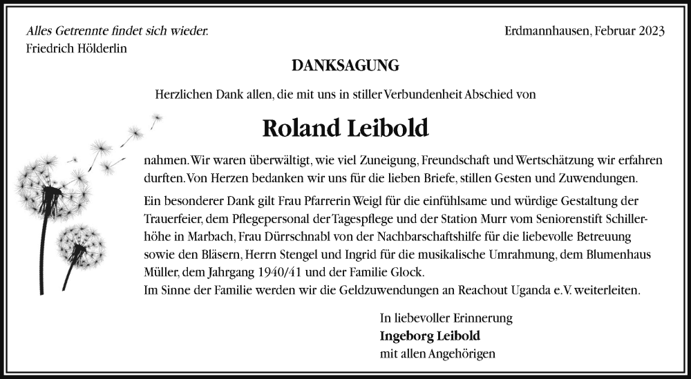  Traueranzeige für Roland Leibold vom 24.02.2023 aus Marbacher Zeitung