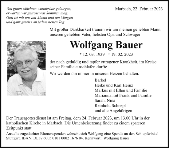 Traueranzeige von Wolfgang Bauer von Marbacher Zeitung