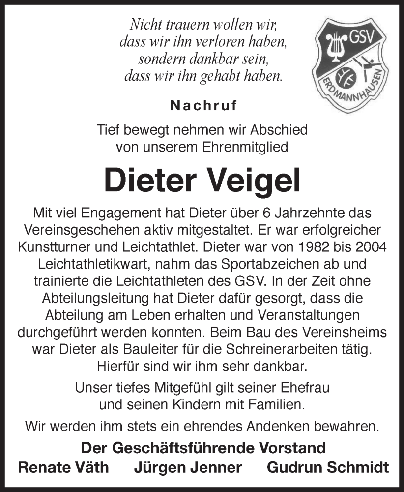  Traueranzeige für Dieter Veigel vom 23.03.2023 aus Marbacher Zeitung