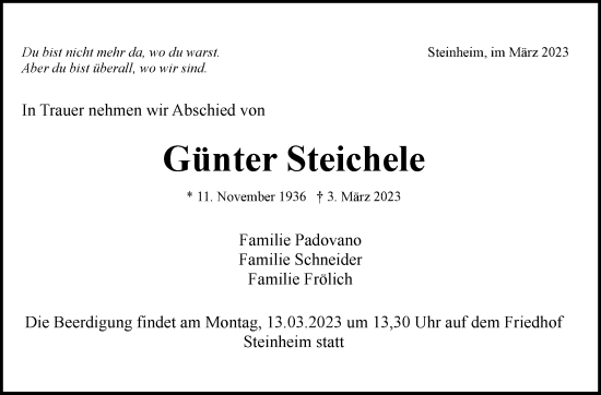 Traueranzeige von Günter Steichele von Marbacher Zeitung