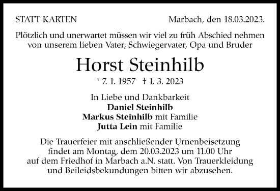 Traueranzeige von Horst Steinhilb von Marbacher Zeitung