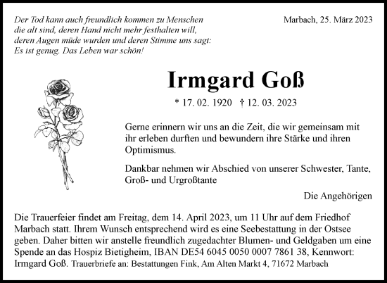 Traueranzeige von Irmgard Goß von Marbacher Zeitung