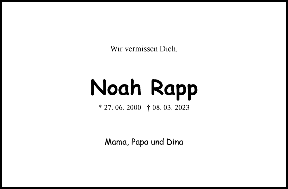  Traueranzeige für Noah Rapp vom 17.03.2023 aus Marbacher Zeitung