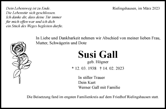 Traueranzeige von Susi Gall von Marbacher Zeitung