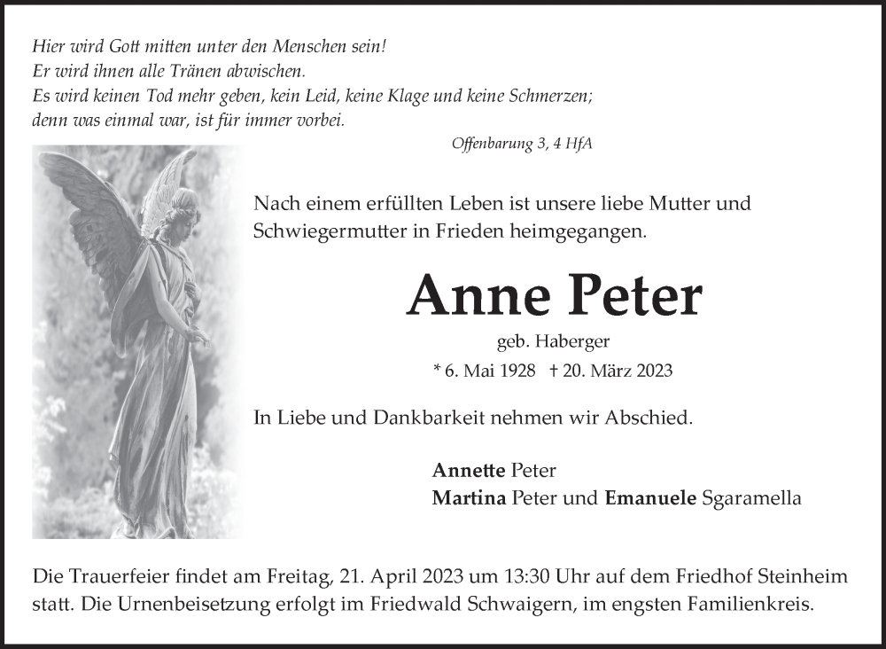  Traueranzeige für Anne Peter vom 13.04.2023 aus Marbacher Zeitung