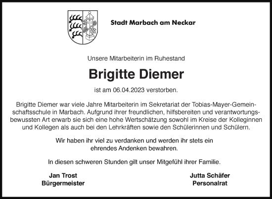 Traueranzeige von Brigitte Diemer von Marbacher Zeitung