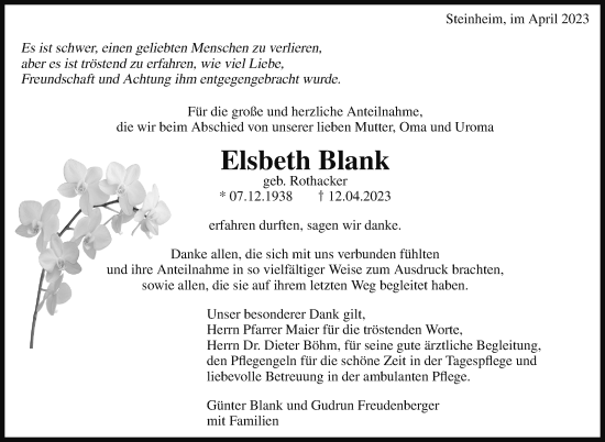 Traueranzeige von Elsbeth Blank von Marbacher Zeitung