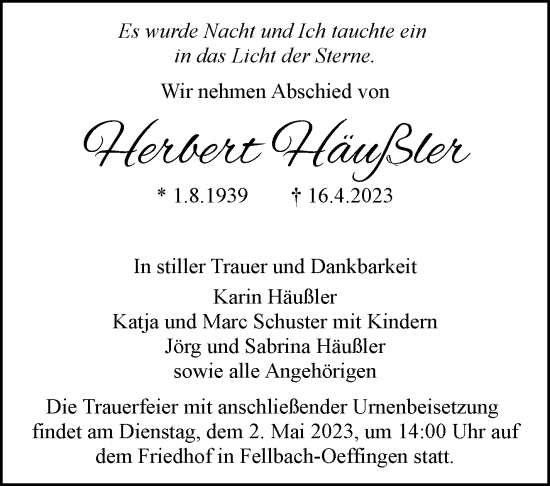 Traueranzeige von Herbert Häußler von Marbacher Zeitung