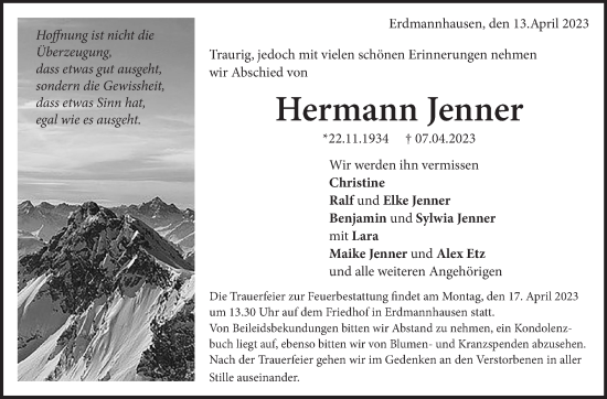 Traueranzeige von Hermann Jenner von Marbacher Zeitung