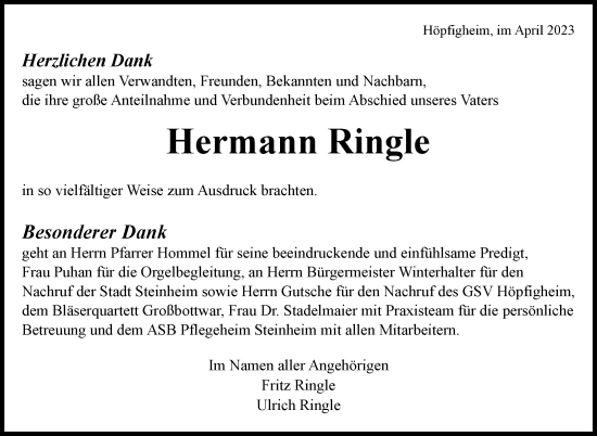 Traueranzeige von Hermann Ringle von Marbacher Zeitung