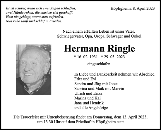 Traueranzeige von Hermann Ringle von Marbacher Zeitung