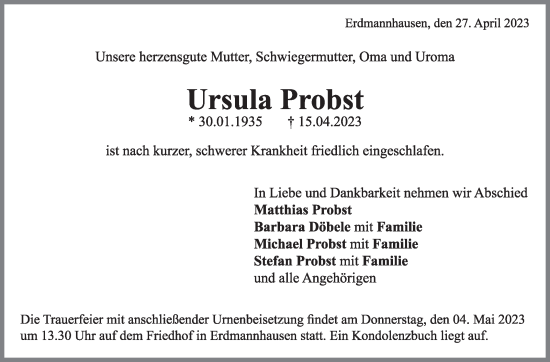 Traueranzeige von Ursula Probst von Marbacher Zeitung