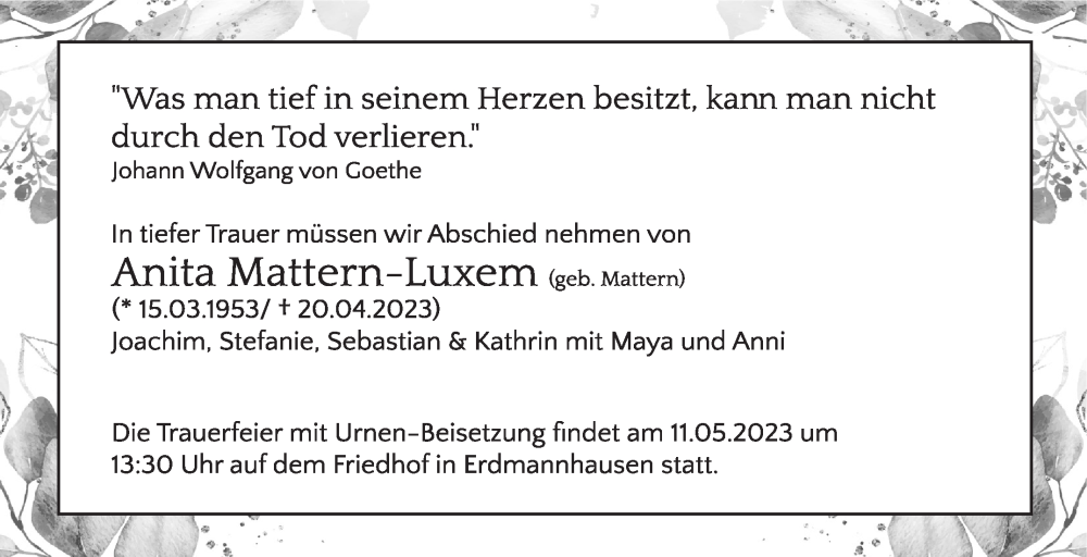  Traueranzeige für Anita Mattern-Luxem vom 06.05.2023 aus Marbacher Zeitung