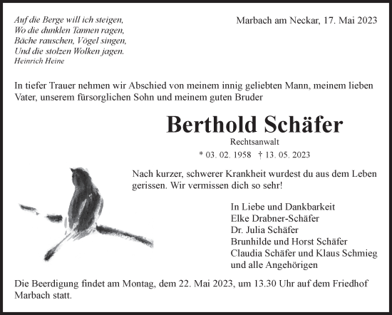 Traueranzeige von Berthold Schäfer von Marbacher Zeitung