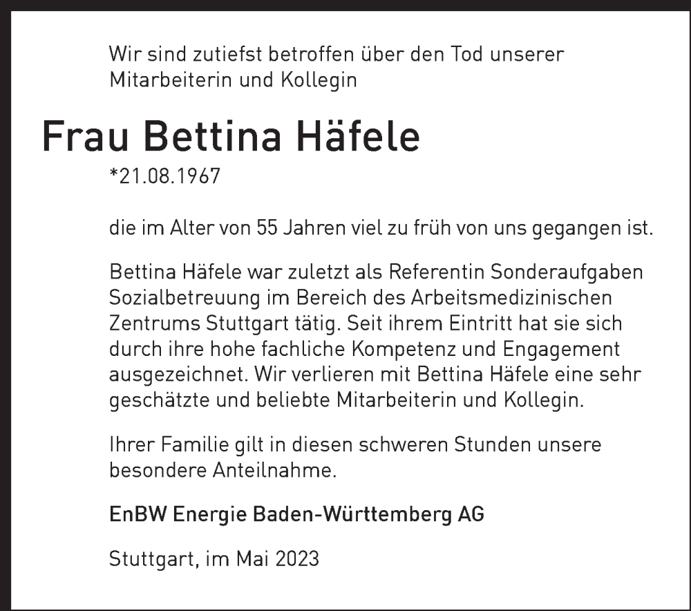 Traueranzeige für Bettina Häfele vom 11.05.2023 aus Marbacher Zeitung