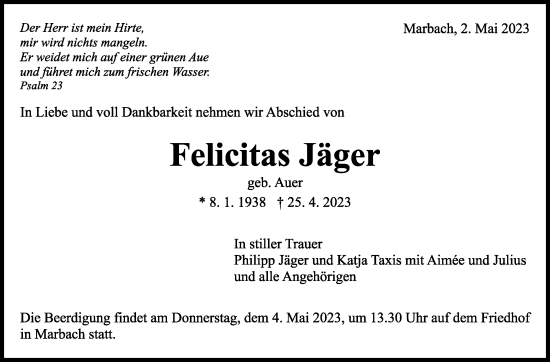 Traueranzeige von Felicitas Jäger von Marbacher Zeitung