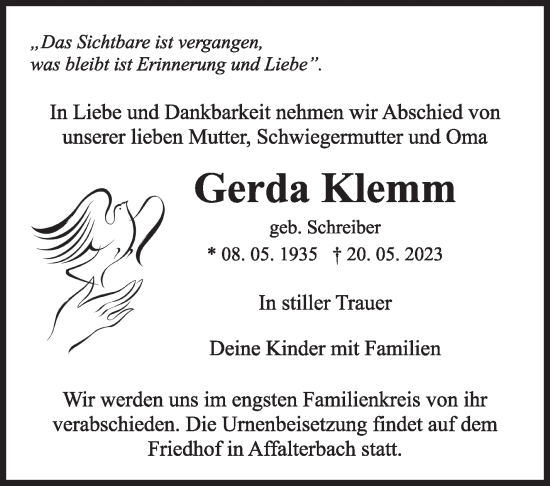 Traueranzeige von Gerda Klemm von Marbacher Zeitung
