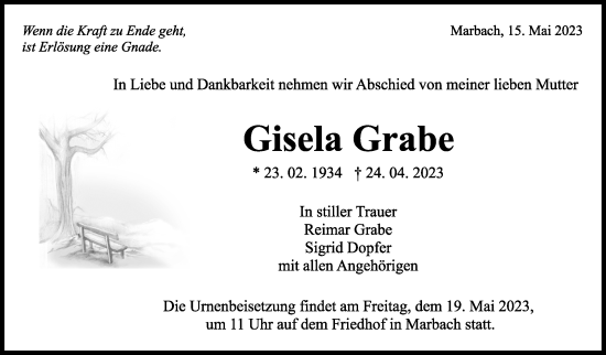 Traueranzeige von Gisela Grabe von Marbacher Zeitung