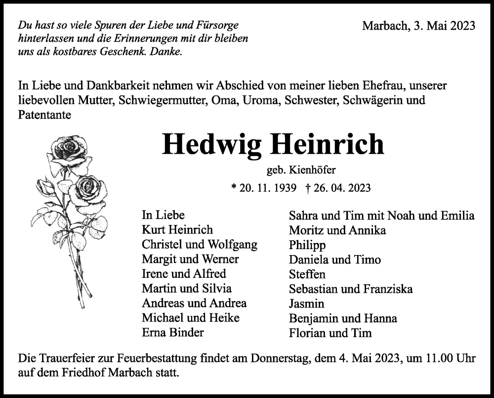  Traueranzeige für Hedwig Heinrich vom 03.05.2023 aus Marbacher Zeitung