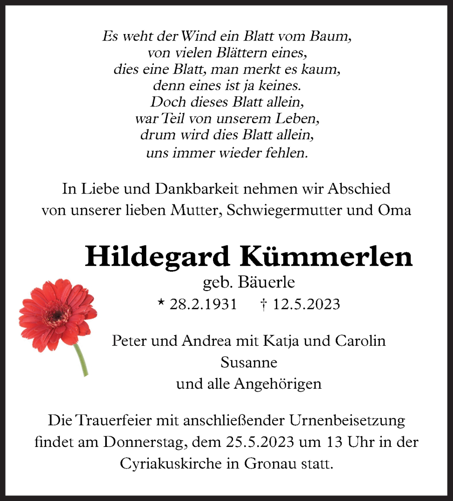  Traueranzeige für Hildegard Kümmerlen vom 23.05.2023 aus Marbacher Zeitung