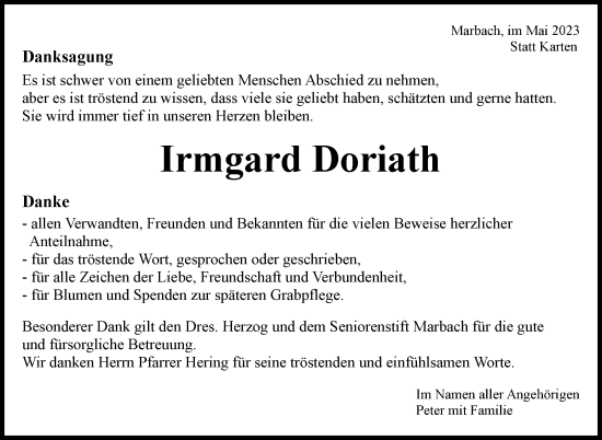 Traueranzeige von Irmgard Doriath von Marbacher Zeitung