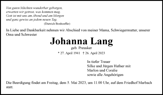 Traueranzeige von Johanna Lang von Marbacher Zeitung