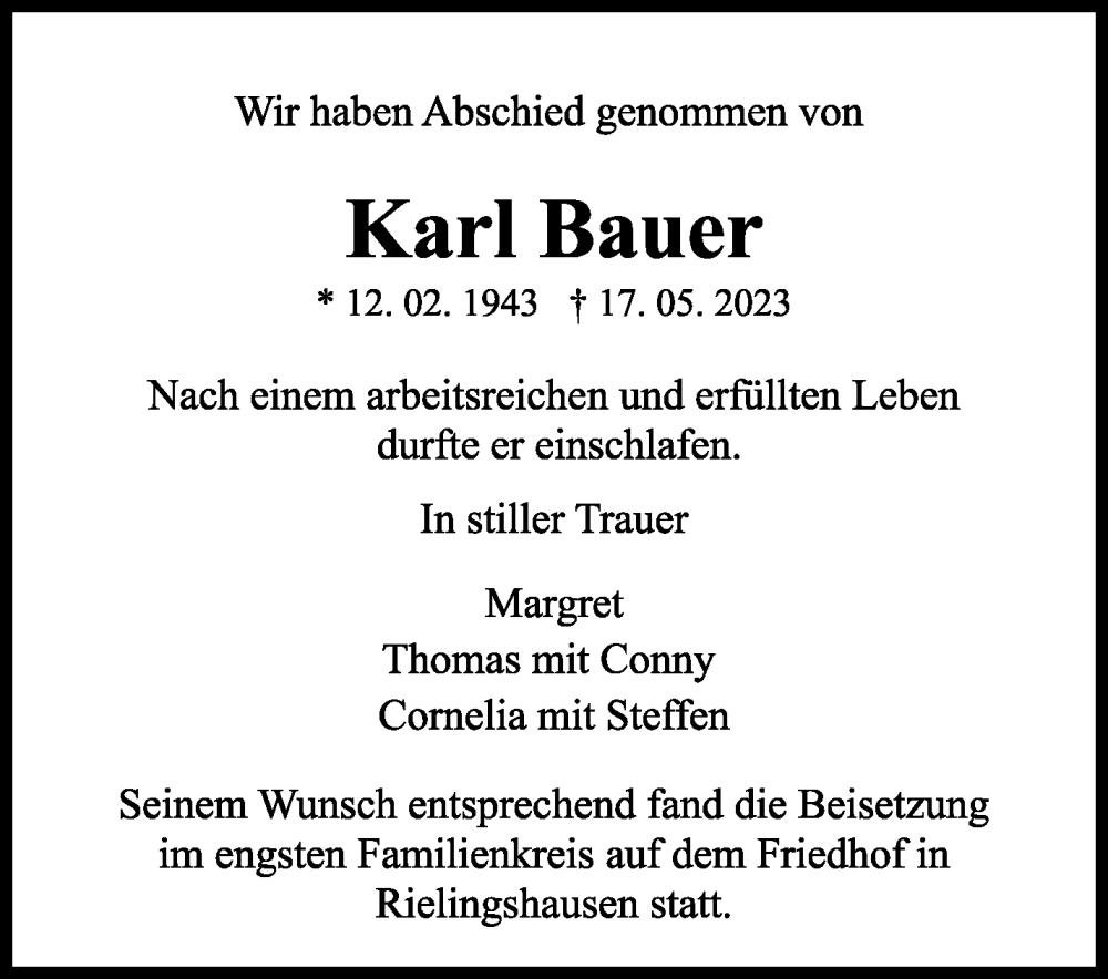  Traueranzeige für Karl Bauer vom 31.05.2023 aus Marbacher Zeitung
