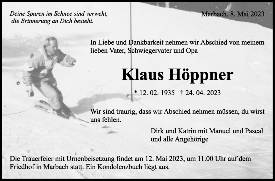 Traueranzeige von Klaus Höppner von Marbacher Zeitung