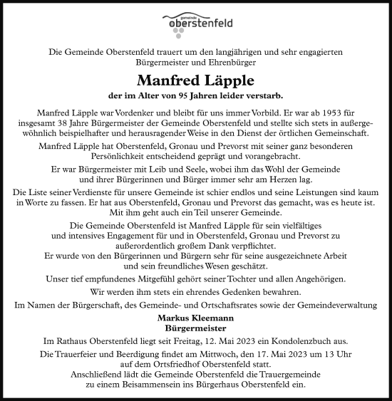 Traueranzeige von Manfred Läpple von Marbacher Zeitung