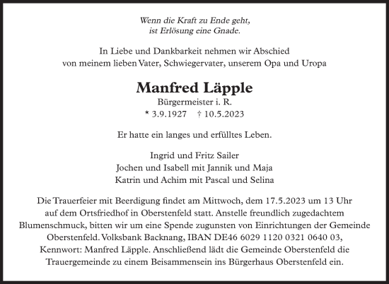 Traueranzeige von Manfred Läpple von Marbacher Zeitung