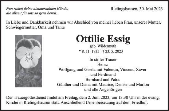 Traueranzeige von Ottilie Essig von Marbacher Zeitung