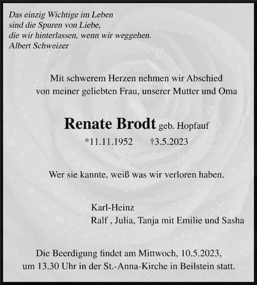  Traueranzeige für Renate Brodt vom 09.05.2023 aus Marbacher Zeitung