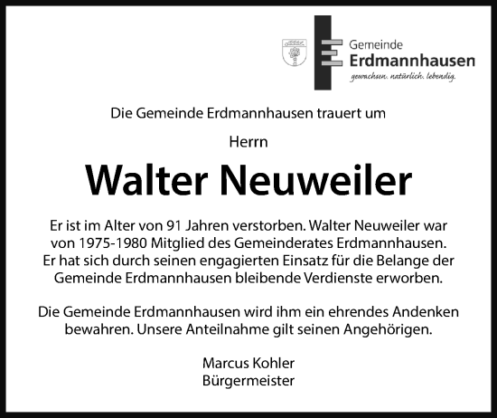 Traueranzeige von Walter Neuweiler von Marbacher Zeitung