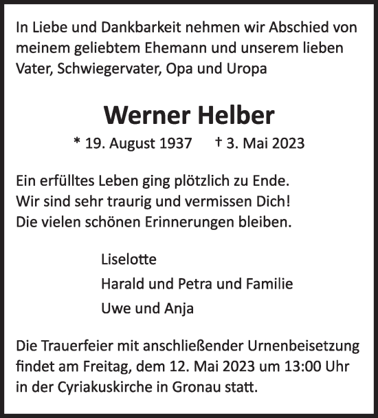 Traueranzeige von Werner Helber von Marbacher Zeitung