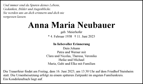 Traueranzeige von Anna Maria Neubauer von Marbacher Zeitung