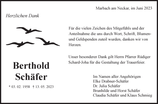 Traueranzeige von Berthold Schäfer von Marbacher Zeitung