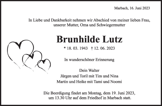 Traueranzeige von Brunhilde Lutz von Marbacher Zeitung