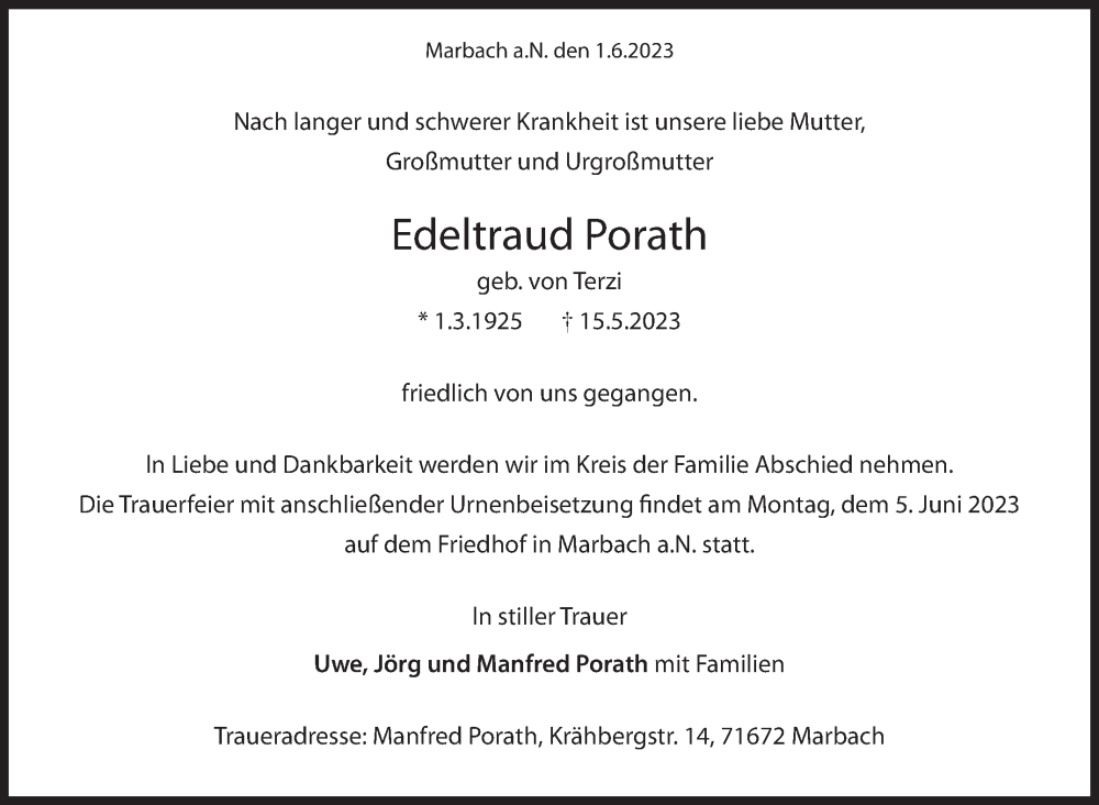  Traueranzeige für Edeltraud Porath vom 01.06.2023 aus Marbacher Zeitung