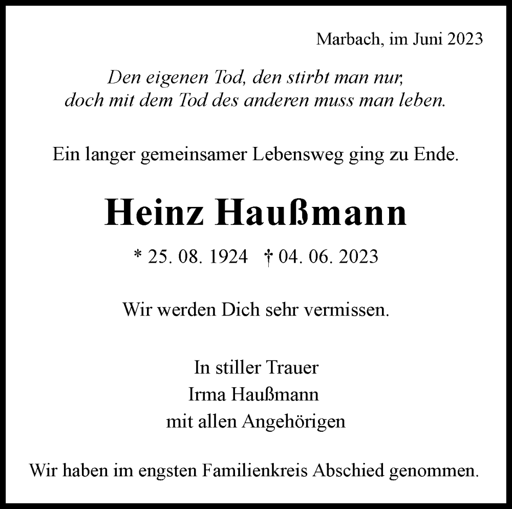  Traueranzeige für Heinz Haußmann vom 23.06.2023 aus Marbacher Zeitung