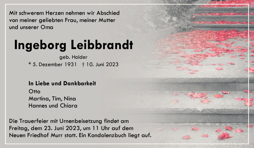  Traueranzeige für Ingeborg Leibbrandt vom 19.06.2023 aus Marbacher Zeitung
