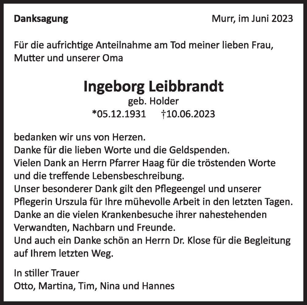  Traueranzeige für Ingeborg Leibbrandt vom 30.06.2023 aus Marbacher Zeitung