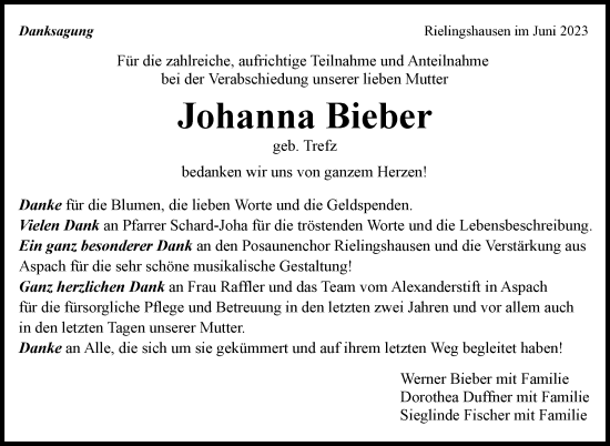 Traueranzeige von Johanna Bieber von Marbacher Zeitung