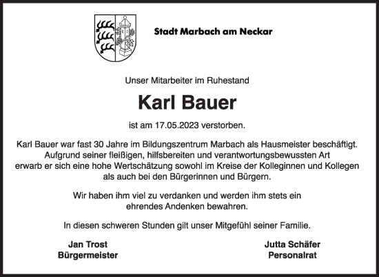 Traueranzeige von Karl Bauer von Marbacher Zeitung
