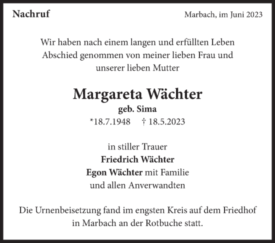 Traueranzeige von Margareta Wächter von Marbacher Zeitung