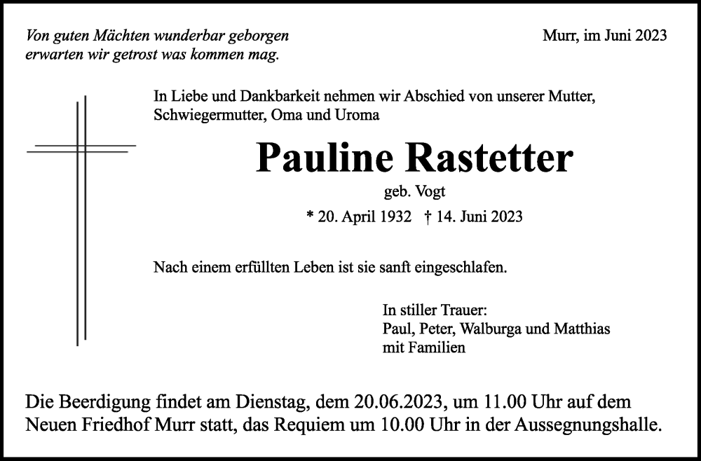  Traueranzeige für Pauline Rastetter vom 17.06.2023 aus Marbacher Zeitung