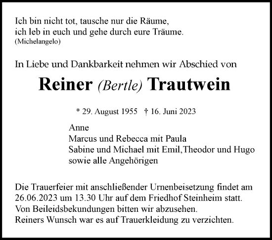 Traueranzeige von Reiner Trautwein von Marbacher Zeitung
