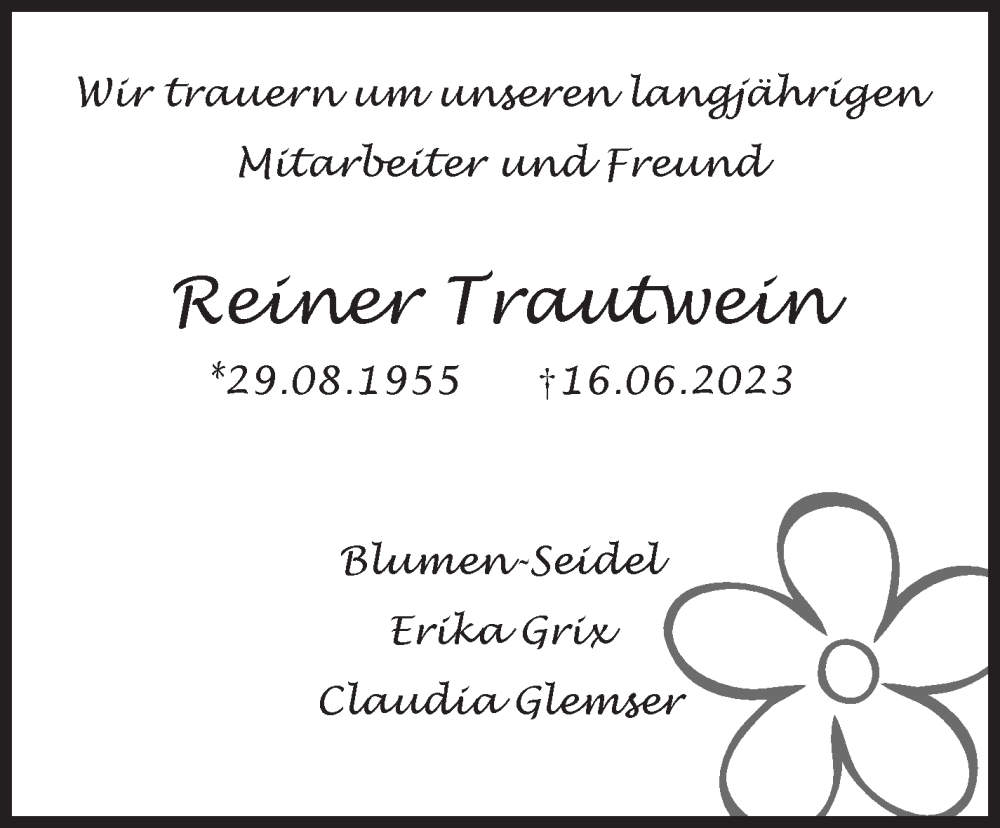  Traueranzeige für Reiner Trautwein vom 26.06.2023 aus Marbacher Zeitung