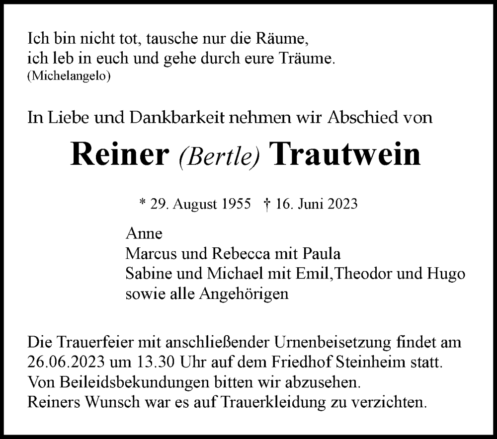  Traueranzeige für Reiner Trautwein vom 23.06.2023 aus Marbacher Zeitung