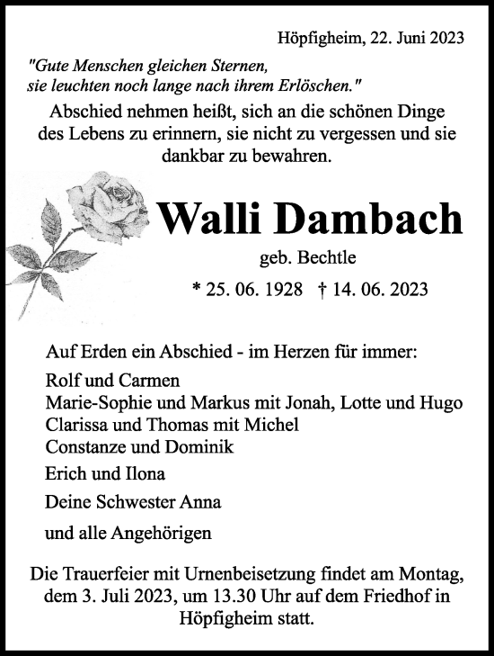 Traueranzeige von Walli Dambach von Marbacher Zeitung